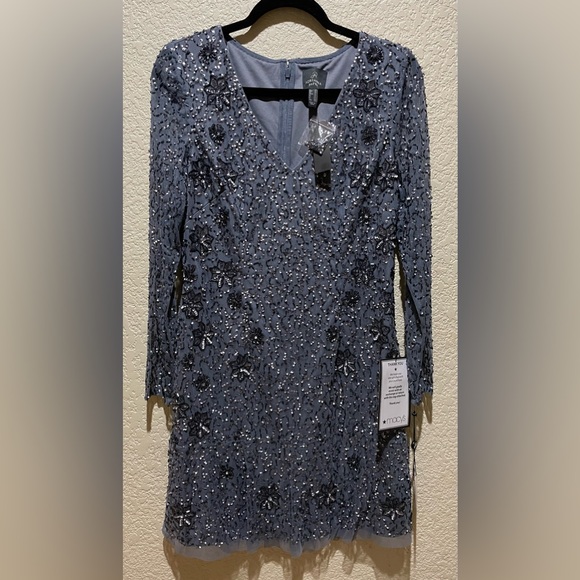 NWT Adrianna Papell Beaded Cocktail Dress Dusty Blue Size 6P - Picture 3 of 10